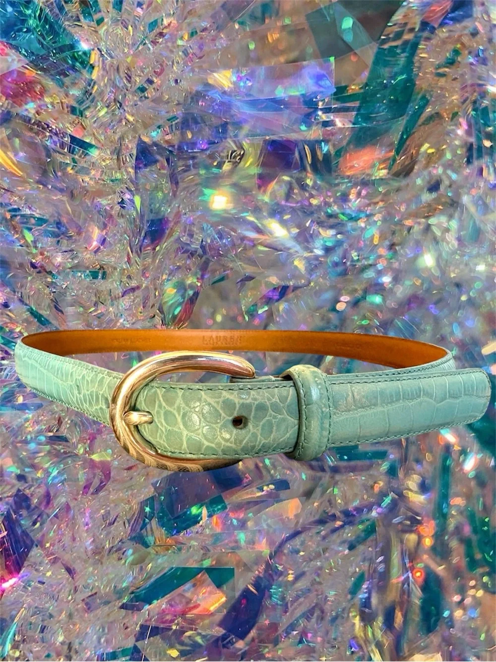 VTG Lauren Ralph Lauren Turquoise Blue Snakeskin Italian Leather Belt Size L